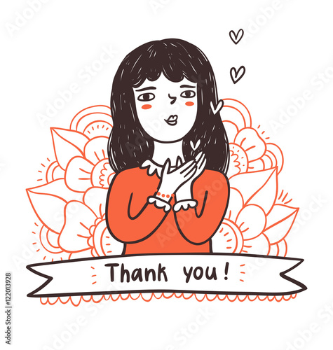 Girl sending hearts, thank you on a ribbon, vector illustration