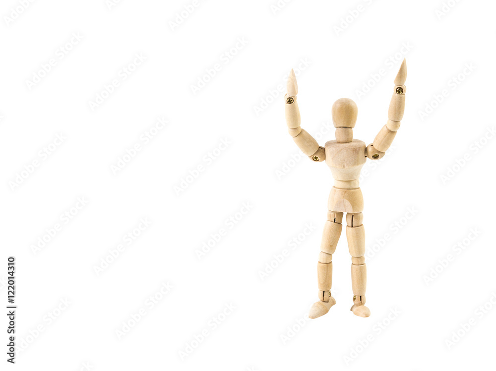 wooden man figure raising arms, surrender or happy motion, isolated on white wooden man figure raising arms, surrender or happy motion, isolated on white