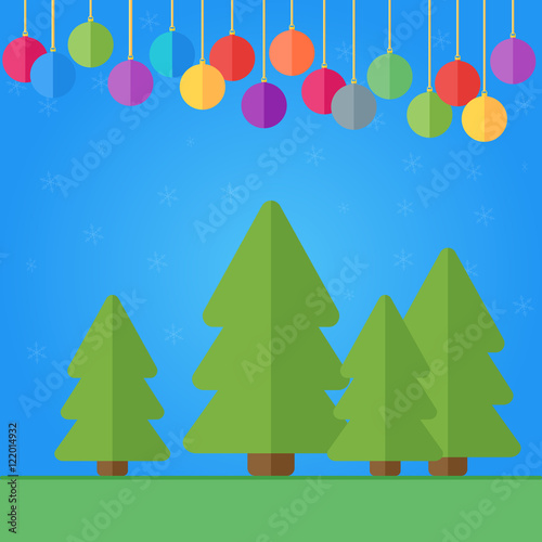Several pine trees on a blue background, Christmas balls and snowflakes in vector