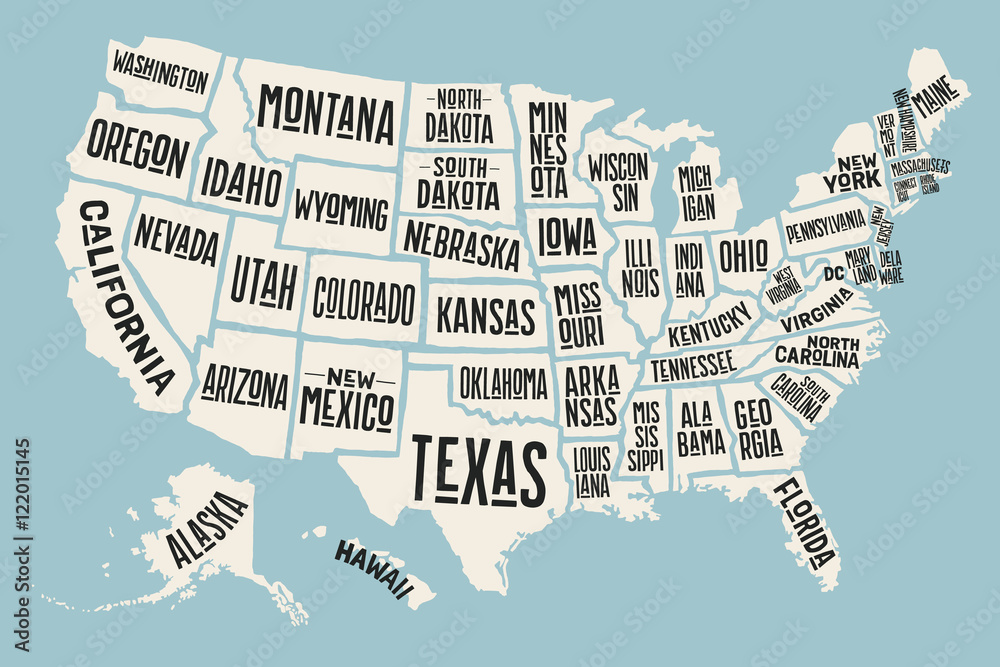 фотография, Стенна Декорация Poster map of United States of America with  state names | Posters.bg