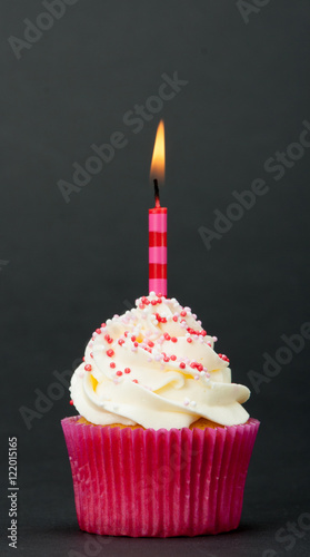 Colorful Homemade Birthday Cupcake With One Burning Candle. Copy