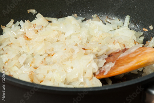 Roasting Chopped Onion On Frying Pan. Cooking Process.