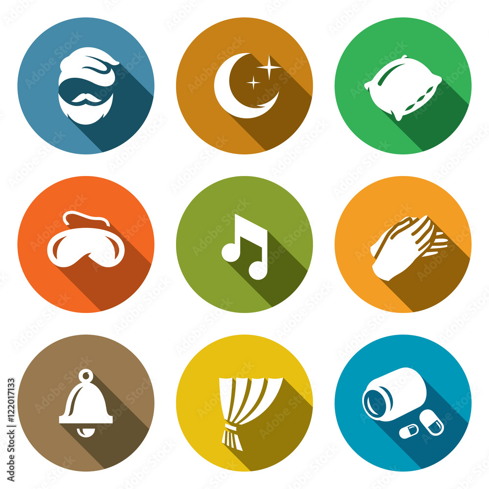 Vector Set of Sleep and Night Rest Icons. Man, Pillow, Mask, Lullaby, Palm, Clock, Curtain, Sleeping Pills.