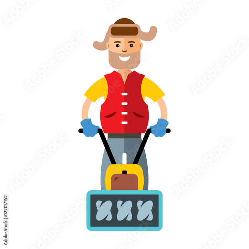 Vector Man with a Snow Blower. Flat style colorful Cartoon illustration.
