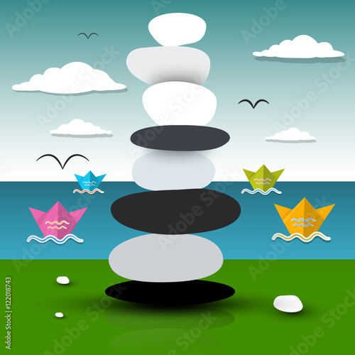 Stones Heap with Paper Cut Boats on Ocean