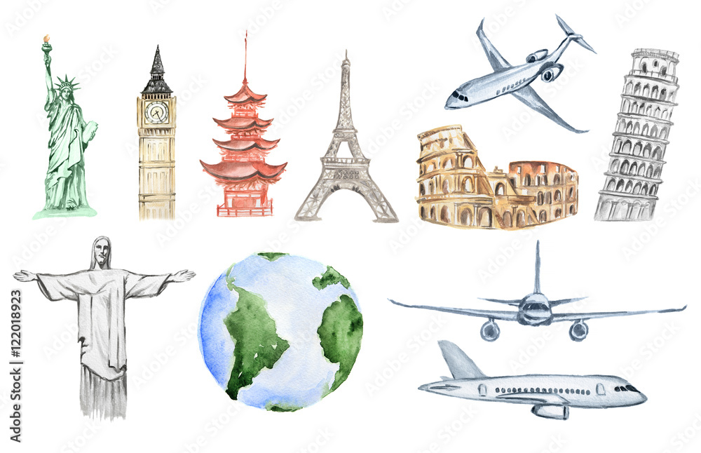 Watercolor world travel set. All sightseeing from all over the world as big ben, liberty statue, Colosseum and more. Airplanes.