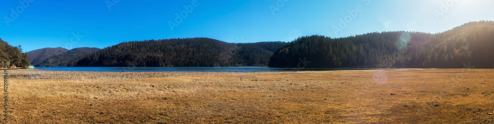 Panoramic view of animals grazing on pasture in Pudacuo National Park located at Shangri-La (Zhongdian), Yunnan, China.