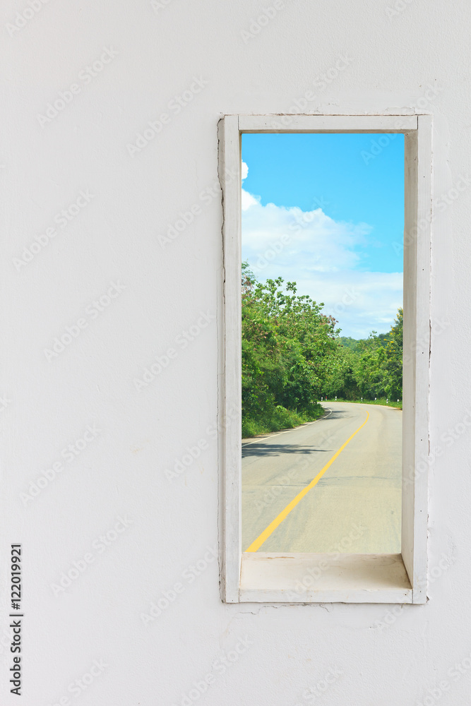 White wall window with street in nature view. White wall window with street in nature view.