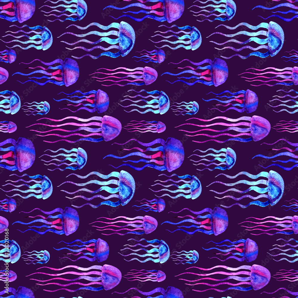 Fototapeta premium Hand drawn jellyfish. Watercolor pattern.