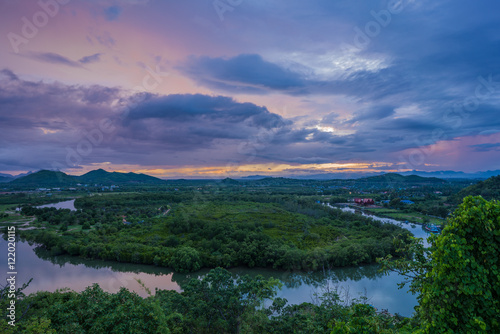 Scenery in twilight on the hill where located Chao Mae Tubtim Thong Shrine above Pranburi river , Pran Buri District, Prachuap Khiri Khan , Thailand