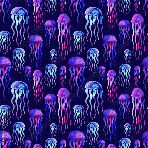 Hand drawn jellyfish. Watercolor pattern. photo