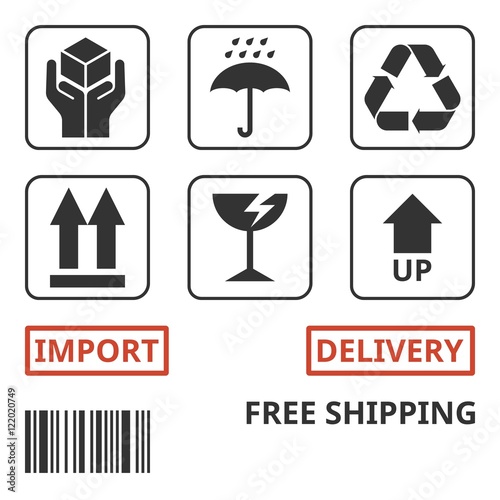shipping and package handing symbol for carton box, handle with care, recycling sign, up sign, fragile sign, wet sign, import, delivery, free shipping and bar code
