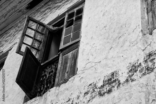 Old Window on Dirty Wall Black and White