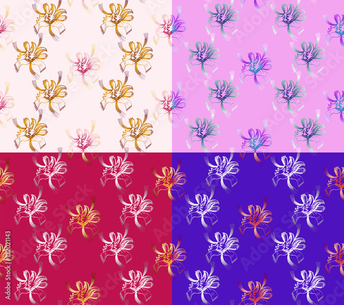 Vector Illustration. Four Seamless Abstract Floral Patterns. Set of backgrounds of different colors. Exclusive decorations, suitable for fabrics, cloth and packaging.