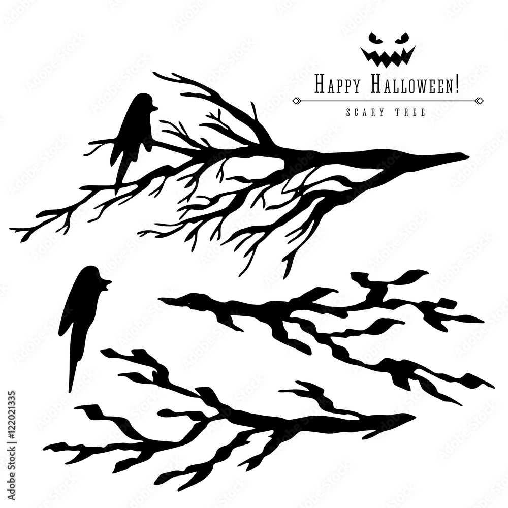 Brunches of scary dead trees silhouette vector halloween decoration set with raven. Brush pen ink illustration for halloween design. Brunches of scary dead trees silhouette vector halloween decoration set with raven. Brush pen ink illustration for halloween design.