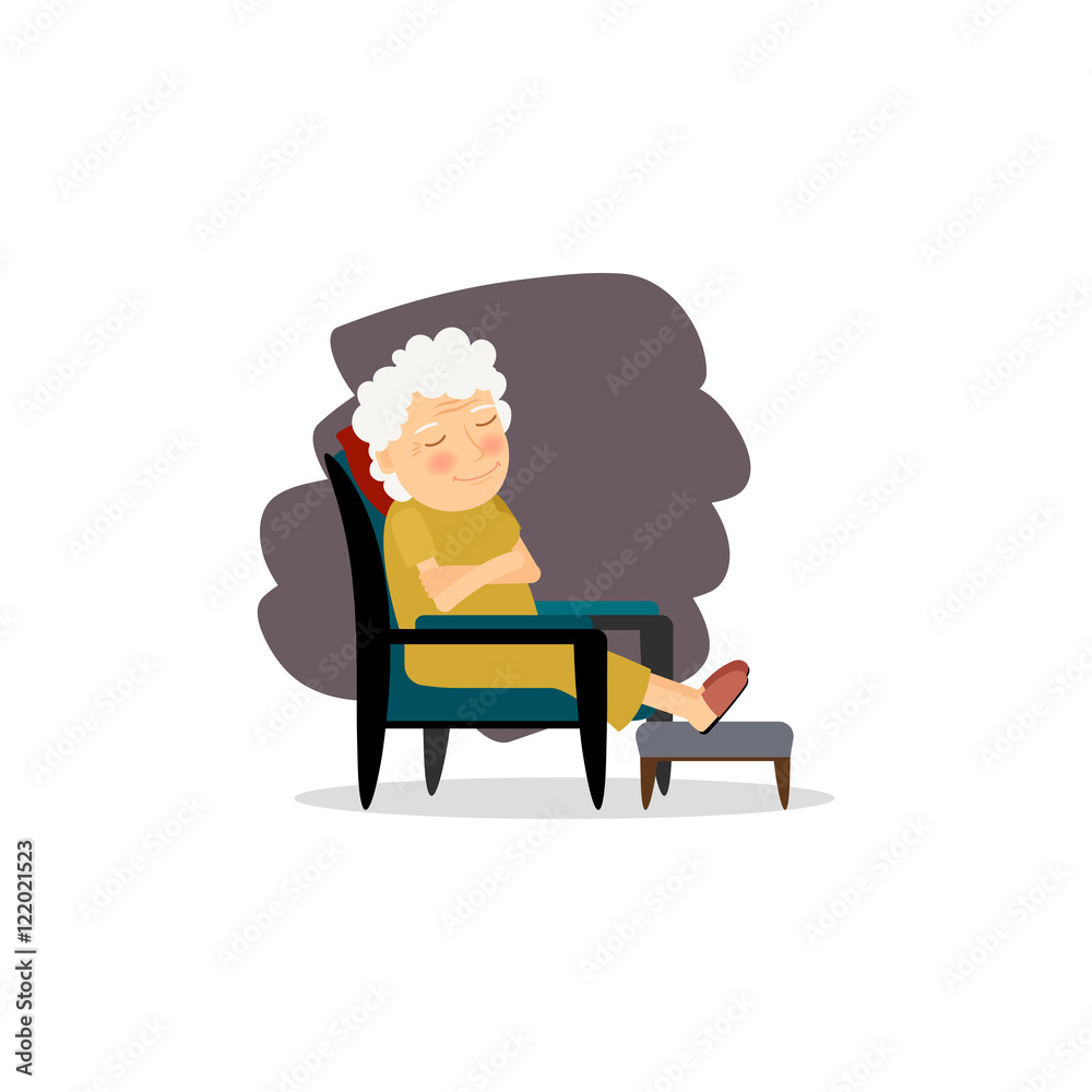 Seniors happy leisure. Grandmother sitting on the chair. Vector illustration