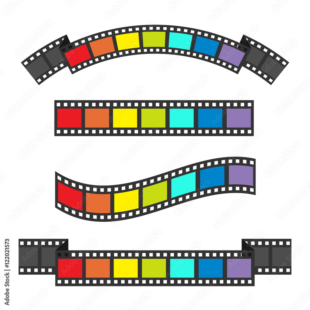 Rainbow flag Film strip frame set. Different shape ribbon. Design element. White background. LGBT Gay movie cinema sign symbol. Isolated. Flat.
