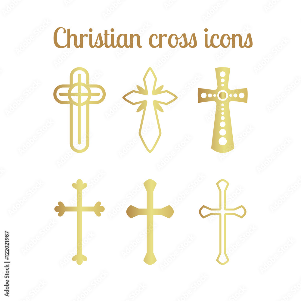Golden christian cross icons isolated on white. Vector illustration