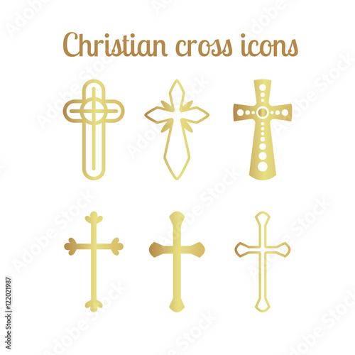 Golden christian cross icons isolated on white. Vector illustration