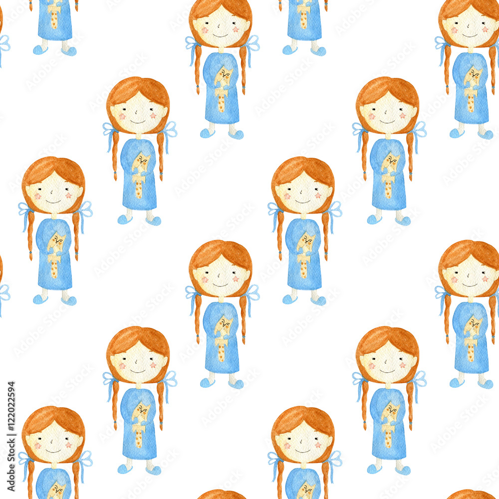 Seamless pattern with watercolor picture in style of book illustration on white background. Redheaded girl with pigtails in blue nightgown with soft cat toy in hand, intends to go to bed Seamless pattern with watercolor picture in style of book illustration on white background. Redheaded girl with pigtails in blue nightgown with soft cat toy in hand, intends to go to bed