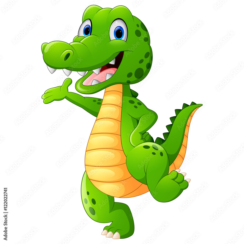 Fototapeta premium Zabawny krokodyl stojący i pozowanie, machając ręką