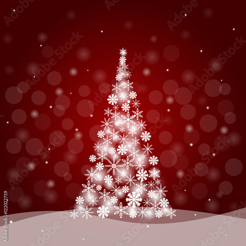 Christmas tree made of snowflakes on red background