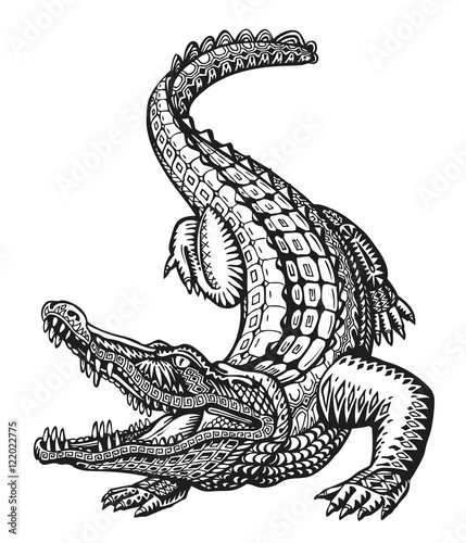 Crocodile. Hand drawn ethnic patterns. Alligator, animal sketch. Vector illustration
