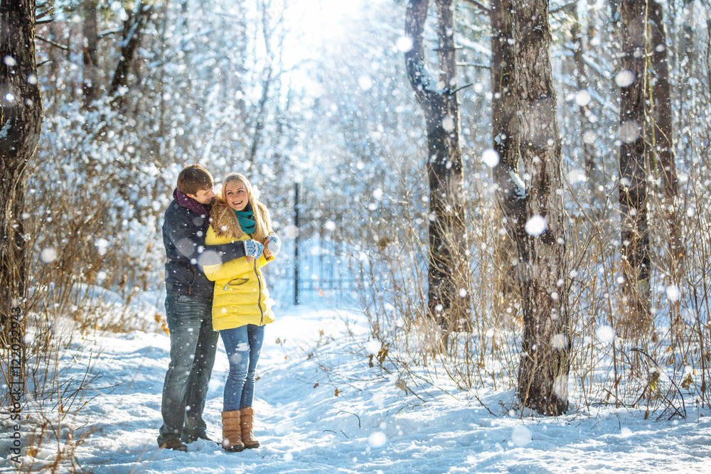 A loving couple walking in winter park. The snowfall A loving couple walking in winter park. The snowfall