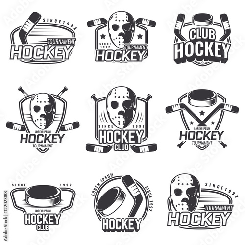 The logos on the theme of sport. Posters, stickers, emblems, logos for hockey. Different frames, objects sports design. Vector set of hockey emblems.