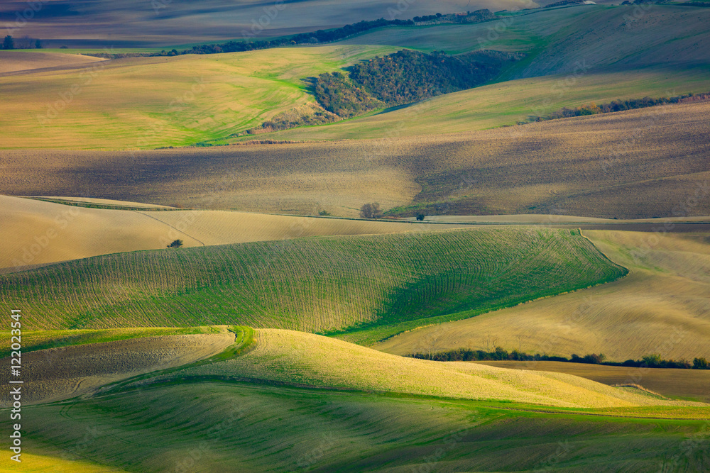 Beautiful Aerial landscape of waves hills in rural nature