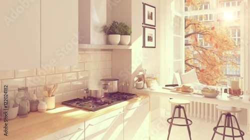 cinemagraph of nordic kitchen in an apartment. 3D rendering. autumn concept. loop.