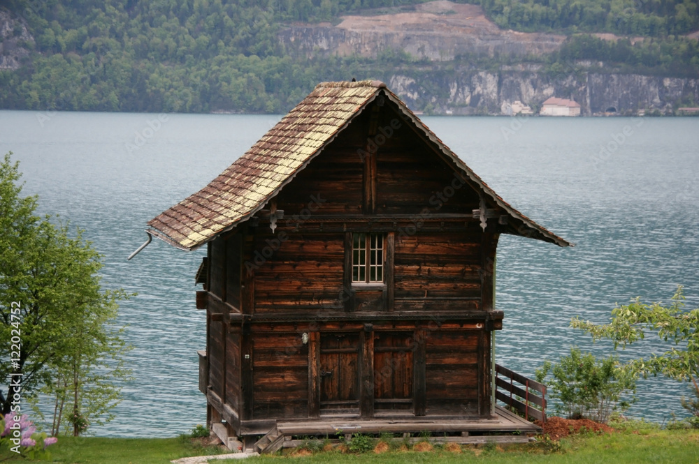 Wooden hut at lake Interlaken, Switzerland