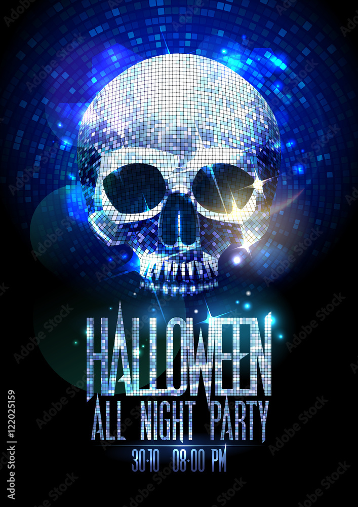 Fototapeta premium Fashion halloween party poster with silver sparkles skull, shiny headline