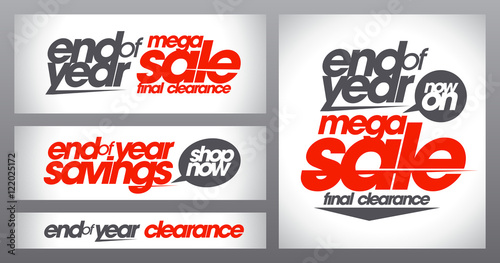 Mega sale posters collection, end of year savings banners set, final clearance