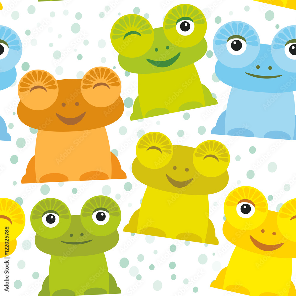 Cute Cartoon funny frog set yellow green blue orange on white background, seamless pattern. Vector Cute Cartoon funny frog set yellow green blue orange on white background, seamless pattern. Vector