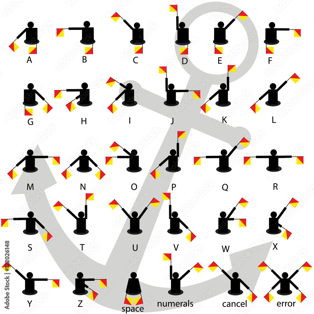 Semaphore flag signals alphabet white background with anchor vector