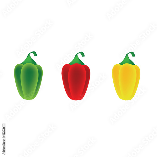 Set of three sweet paprika. Green, red and yellow pepper. Vector illustration.