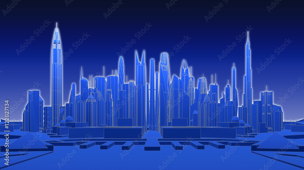 Blue futuristic city. 3d rendering