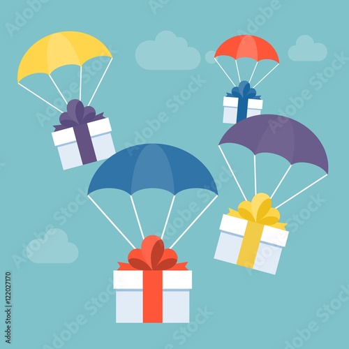 send gift and delivery service concept illustration vector, gift box with colorful parachute for greeting card, suitable for Christmas or new year, flat design vector
