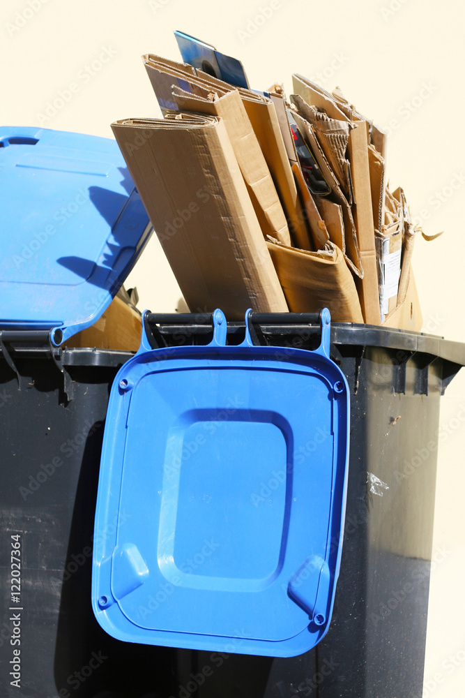 Mülltrennung, Altpapier, Papiermülltonne mit Pappe gefüllt, Verpackung,  Abfall, Sammlung von Wertstoffen, Mülltonne für Sekundärrohstoffen Stock  Photo | Adobe Stock