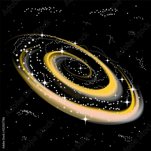 The Spiral Galaxy with Shining Stars. Space  Background. Suitable for textile, fabric, packaging and web design. Vector Illustration.