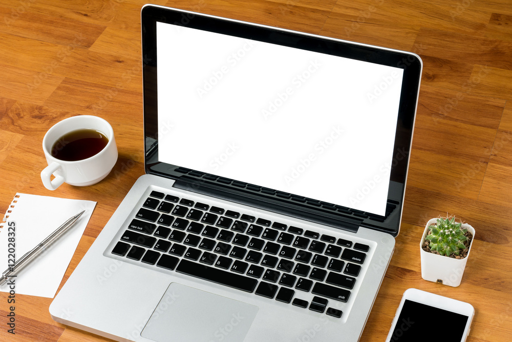 Laptop with white blank screen on the wood office table. Laptop with white blank screen on the wood office table.