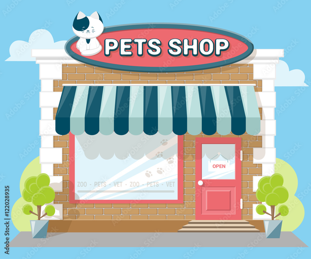 Facade pets or zoo store. Signboard with emblem cat, awning and symbol in windows. Concept front shop for design banner or brochure. flat design. Vector illustration isolated on blue background Facade pets or zoo store. Signboard with emblem cat, awning and symbol in windows. Concept front shop for design banner or brochure. flat design. Vector illustration isolated on blue background