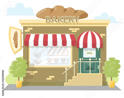 Fototapeta Naklejka Na Ścianę i Meble -  Facade bakery store. Signboard with emblem loaf bread, awning and symbol in windows. Concept front shop for design banner or brochure. flat design. Vector illustration isolated on white background