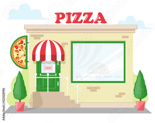 Facade pizzeria with a signboard pizza, awning and symbol in shopwindow. Abstract image in a flat design. Concept for banner or brochure. Vector illustration isolated on white background