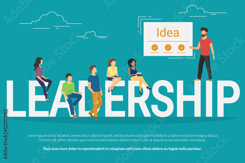 Project leadership concept illustration of team leader showing to his colleagues a new idea. Business people sitting on the letters leadership. Flat design for website banner and landing page