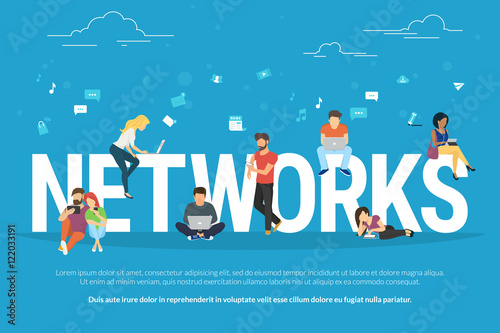Networks concept illustration of young people using mobile gadgets such as smarthone, tablet and laptop for social networking. Flat design of guys and young women on letters with social media symbols