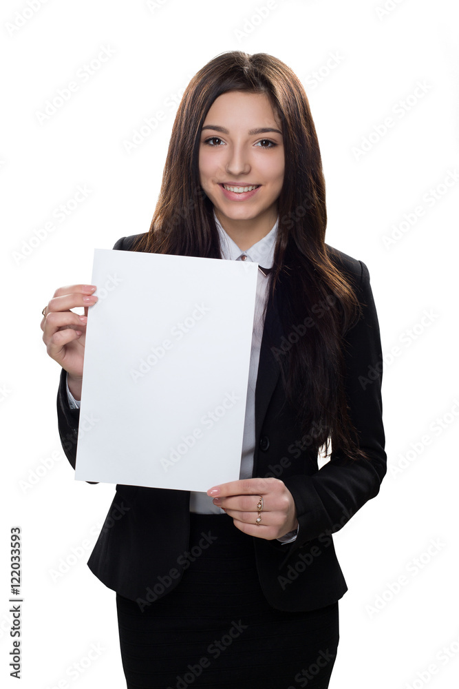 business girl with empty paper isolated on white background business girl with empty paper isolated on white background
