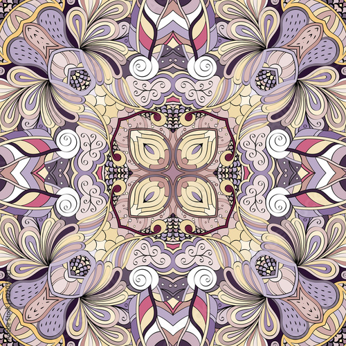 Tracery seamless calming pattern. Mehndi design. Ethnic colorful doodle texture. Curved doodling background. Vector.