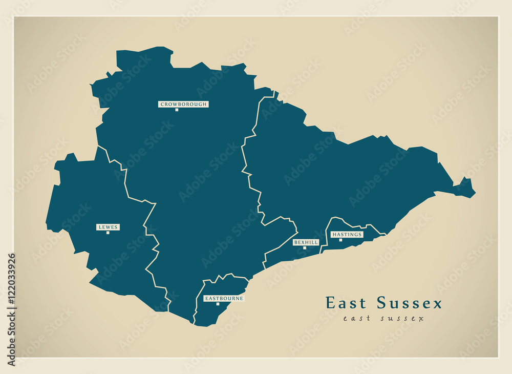 Modern Map - East Sussex county with districts UK
